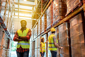 Fototapeta na wymiar Portrait of black male worker team working in factory warehouse. Black man worker smiling with crossed arms indoor of building in background shelves with goods.Logistic industry concept.