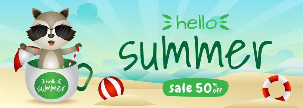 summer sale banner with a cute raccoon in the cup