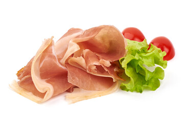 Jerked prosciutto slices, spanish dry-cured ham, isolated on white background. High resolution image.
