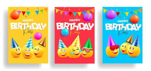 Set of birthday cards invitations or posters for children celebration with smiling faces in hats and paper stickers as letters