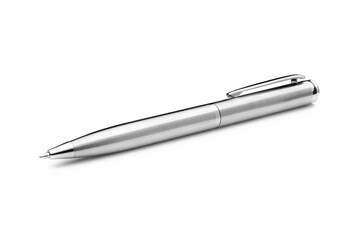 Silver ballpoint pen isolated on white background. Chrome pen. Mock-up.