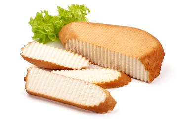 Smoked cheese, isolated on white background.