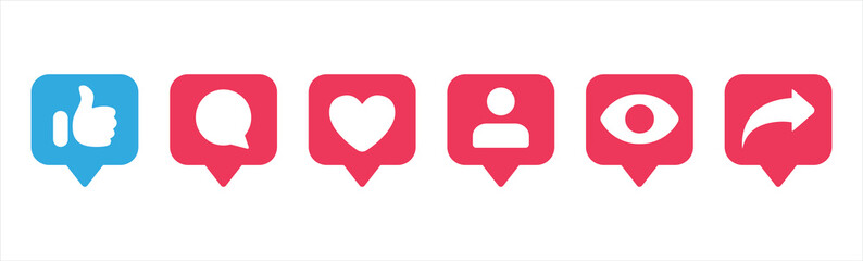 Like social network icons. Like, thumb up and heart collection. Buton for social media. Follower notification symbol. Vector illustration.