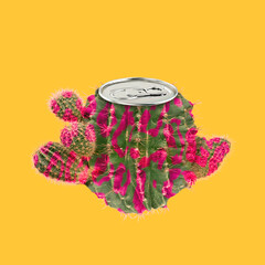 Trendy conceptual artwork. Cactus instead of can of beer . Minimal cactus design. Concept of...