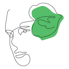 Continuous linear drawing. Vector illustration of a female face and a leaf with an abstract green spot on a white background. Suitable for advertising posters of beauty salons, printing on clothes.