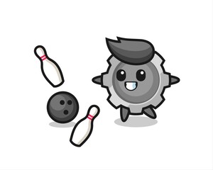 Character cartoon of gear is playing bowling