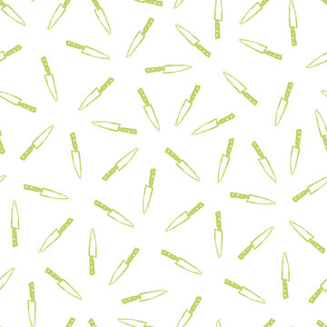Vector white seamless pattern with green hand drawn kitchen knifes. Perfect for fabric, scrapbooking and wallpaper projects.