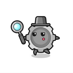 gear cartoon character searching with a magnifying glass