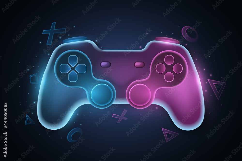 Poster futuristic game pad for video games. vector joystick with neon glow for game console. abstract geome