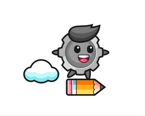 gear mascot illustration riding on a giant pencil