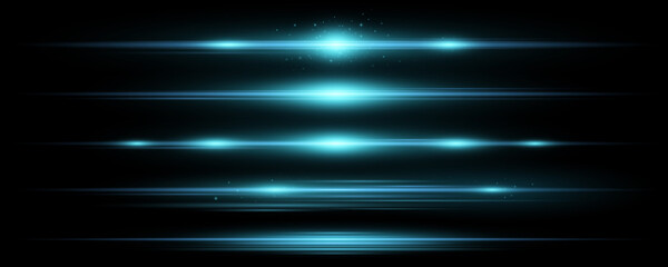 Set of horizontal blue light effects on a black background. Collection of beams. Bright rays with glowing dust. Optical glare. Vector illustration