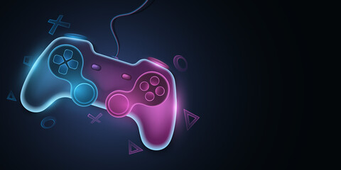 Modern game pad with wire for video games. Vector joystick with neon glow for game console. Abstract geometric symbols. Computer games concept for your design.