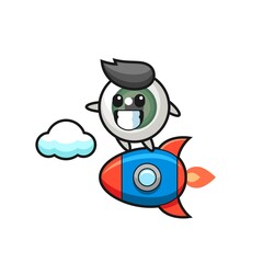 eyeball mascot character riding a rocket