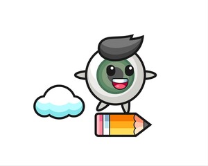 eyeball mascot illustration riding on a giant pencil