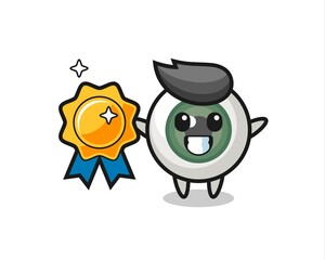 eyeball mascot illustration holding a golden badge