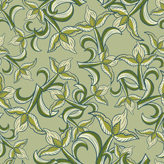 Seamless nature pattern with abstract style ornate tulip flowers elements. Random print in pale green tones.