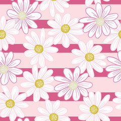 Nature seamless pattern with random daisy flowers print. Pink striped background. Floral abstract backdrop.