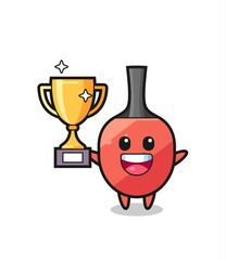 Cartoon Illustration of table tennis racket is happy holding up the golden trophy