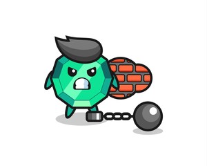 Character mascot of emerald gemstone as a prisoner