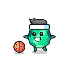 Illustration of emerald gemstone cartoon is playing basketball