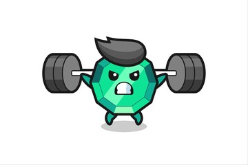 emerald gemstone mascot cartoon with a barbell