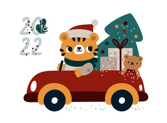 Happy new year 2022 card. Baby tiger in car with gifts and christmas tree in cartoon style isolated on white background. Little roar print for kids. Exotic animal with stripy coat. Symbol of 2022. 