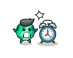 Cartoon Illustration of emerald gemstone is surprised with a giant alarm clock