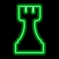 Neon green contour chess figure rook on a black background