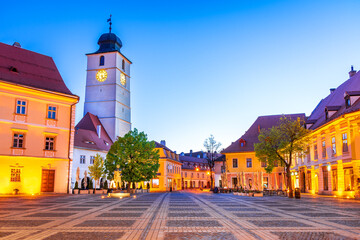 Fototapeta na wymiar Sibiu, Council Tower on Large Square - Transylvania travel place of Romania