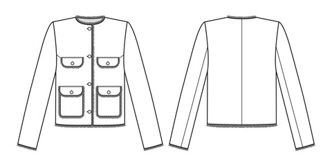Fashion technical drawing of tweed jacket with pockets - obrazy, fototapety, plakaty
