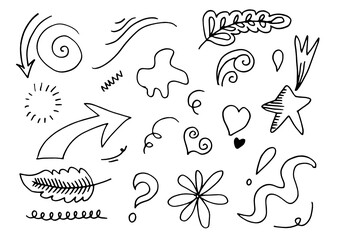 leaves, hearts, abstract, ribbons, arrows and other elements in hand drawn styles for concept designs. Doodle illustration. Vector template for decoration