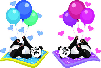 Naklejka premium baby panda girl and boy, lying on their backs and looking at balls and hearts, they are very much loved, vector on a white background 