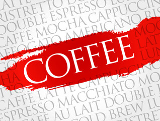 List of coffee drinks words cloud collage, poster background