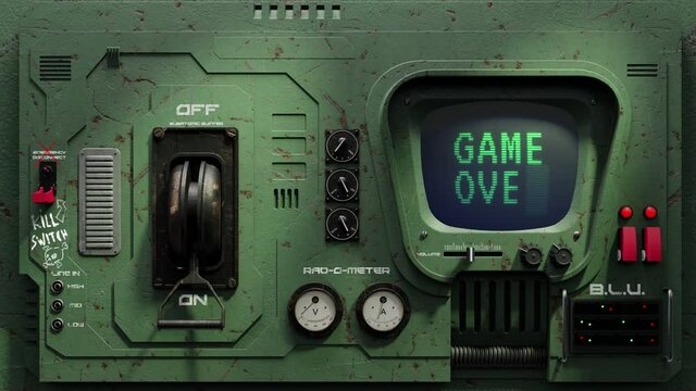 3D Render SciFi Retro Control Panel with blinking lights. On the small TV like screen appears the text GAME OVER.