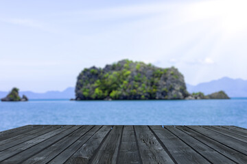 Table on top in front of the white beach, background for plain text or products. Summer exotic mockup, boards product display, montage and presentation