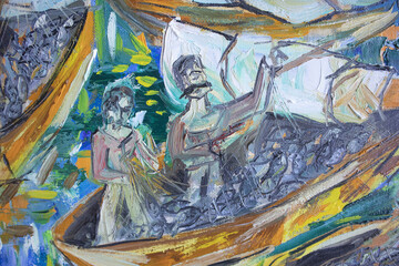 Two delightful fishermen with fishing nets. Happy sailors fine art illustration. Traditional artwork. Colorful brush strokes surface. Benefit and gain concept. Decorative oil painting on canvas.