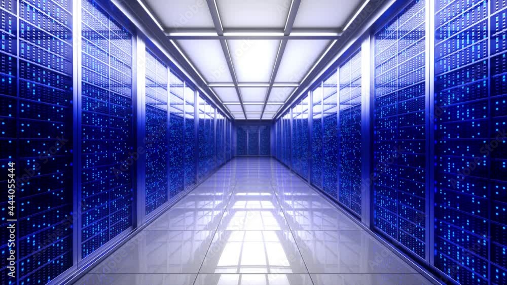 Poster server racks in server interior room data center. server room center exchanging cyber datas and conn