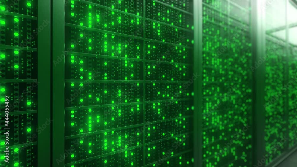 Poster network and data powerful servers behind glass panels in a server room of a data center or isp. rack