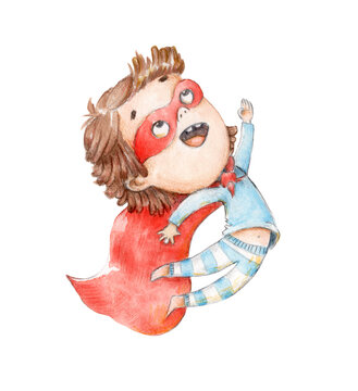 Watercolor illustration of a jumping boy in pajamas on a white background. Superhero boy flies up.