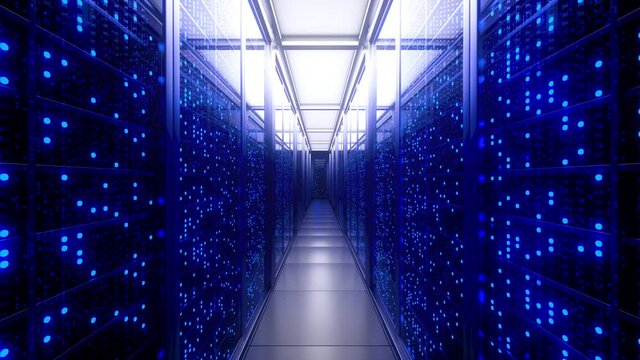 Server racks in computer network security server room data center. Server room data center. Backup, mining, hosting, mainframe, farm and computer rack with storage information. 3d animation