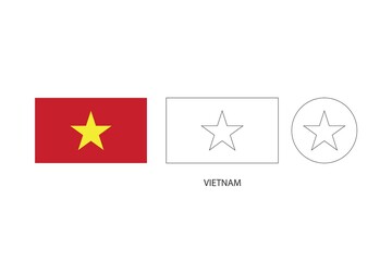 Vietnam flag 3 versions, Vector illustration, Thin black line of rectangle and the circle on white background.