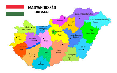 Landkarte Ungarn mit Flagge, Bundesländer, Städte und Hauptstädte,
Vektor Illustration isoliert auf weißem Hintergrund

