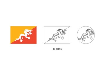 Fototapeta na wymiar Bhutan flag 3 versions, Vector illustration, Thin black line of rectangle and the circle on white background.