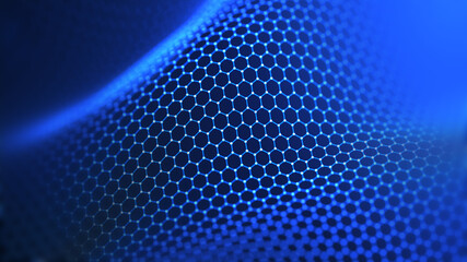Obraz premium Abstract hexagon wave with moving dots. Flow of particles. Cyber technology illustration. 3d rendering