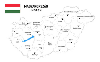 Landkarte Ungarn zum ausmalen, 
mit Flagge, Bundesländer, Städte und Hauptstädte,
Vektor Illustration isoliert auf weißem Hintergrund
