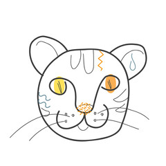 Fototapeta na wymiar The muzzle of a cat with colored spots in the doodle style. Vector illustration for coloring books, prints, postcards and children's designs