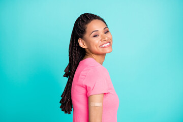 Profile photo of funky brunette hairdo young lady do vaccination wear t-shirt isolated on teal color background