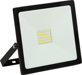 LED flood light in black housing with mounting bracket on white background