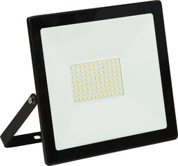 LED flood light in black housing with mounting bracket on white background