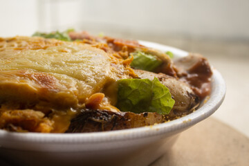 Close-up image of a serving of food in a restaurant